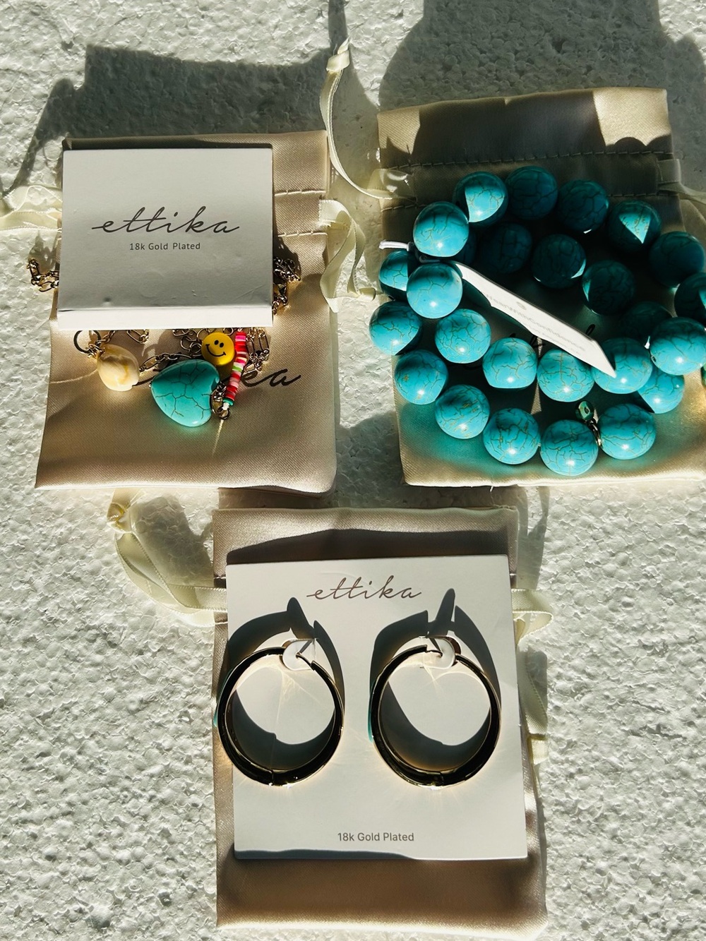 ettika Turquoise Beaded Bracelet and Gold Hoop Earrings Set